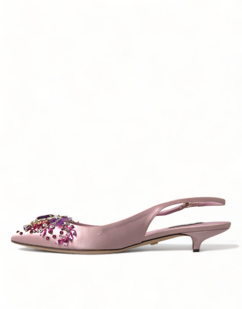 Dolce & Gabbana Pink Crystal Embellished Silk Slingback Heels