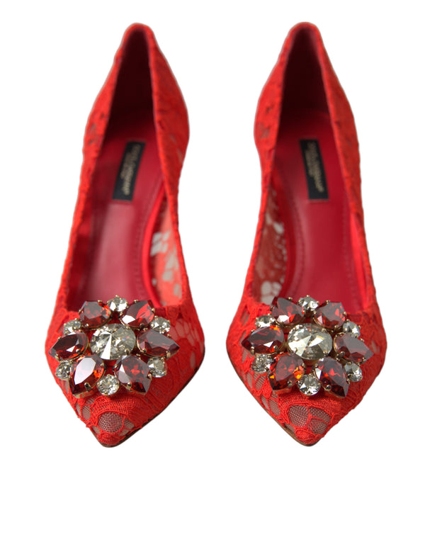 Dolce & Gabbana Exquisite Crystal-Embellished Red Lace Heels