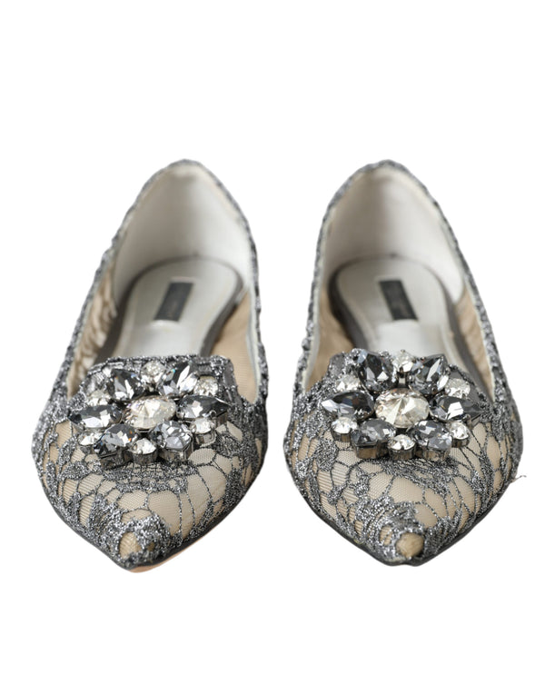 Dolce & Gabbana Elegant Silver Floral Lace Flat Shoes