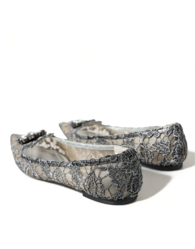 Dolce & Gabbana Elegant Silver Floral Lace Flat Shoes