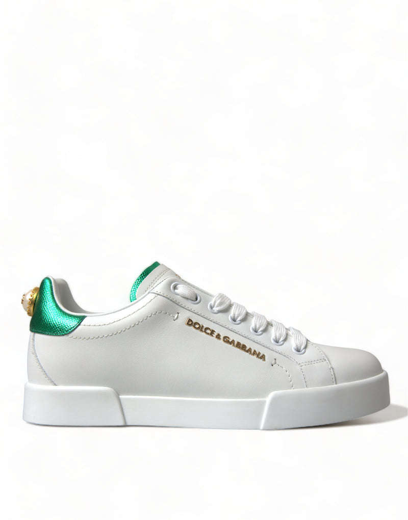 Dolce & Gabbana Chic White Sneakers with Green Heel Accent