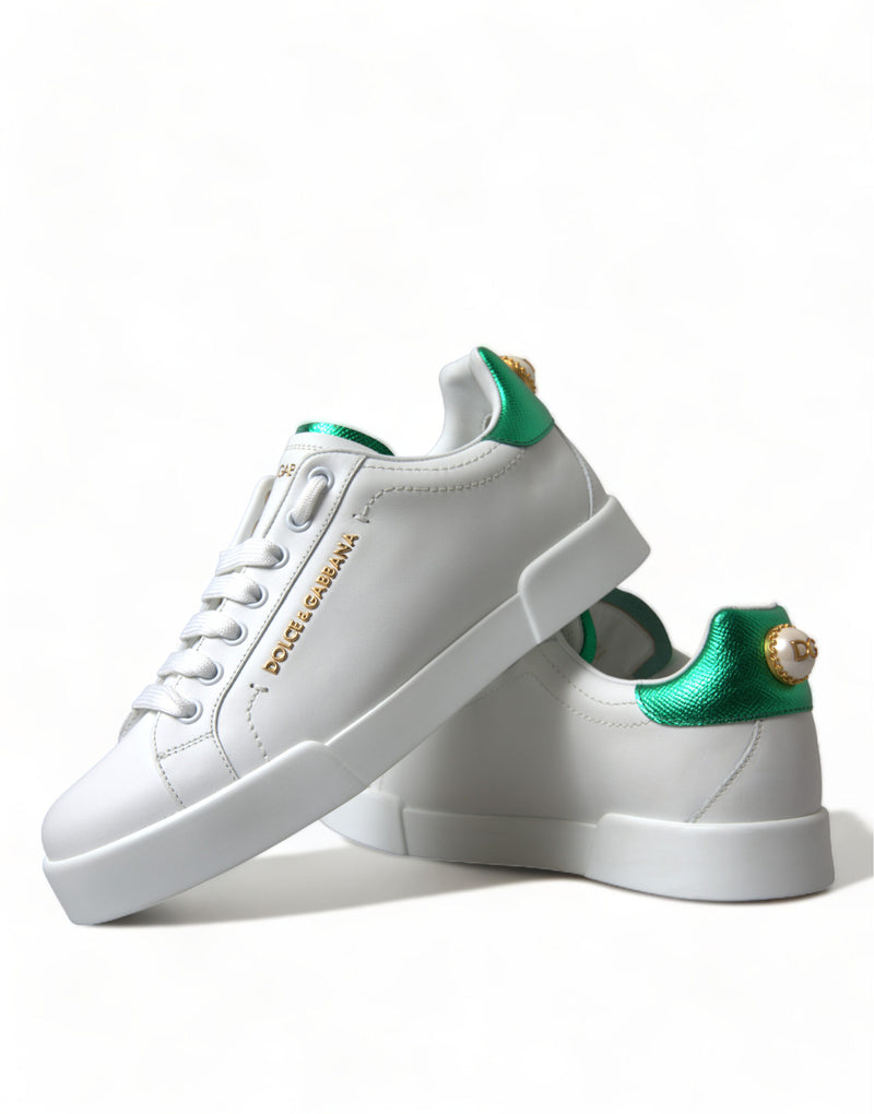 Dolce & Gabbana Chic White Sneakers with Green Heel Accent