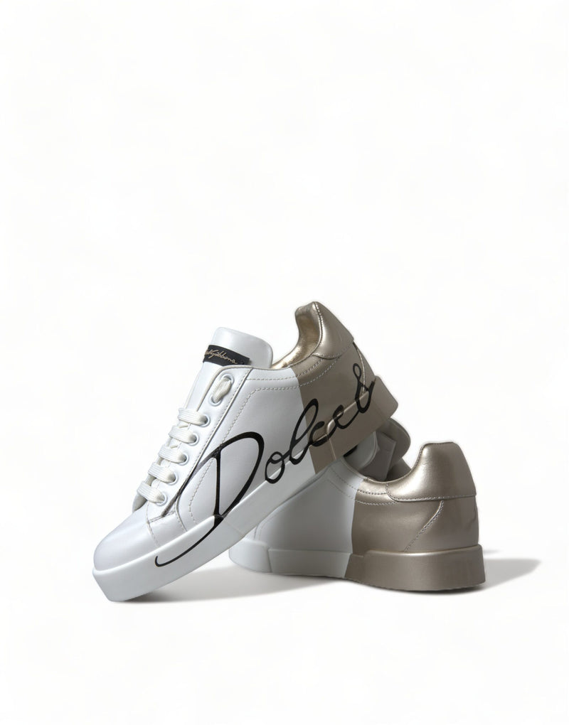 Dolce & Gabbana Elegant White & Gold Leather Sneakers