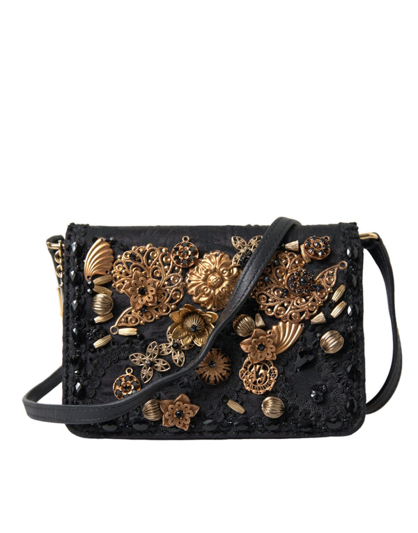 Dolce & Gabbana Elegant Gold-Black Baroque Fabric Crossbody Bag