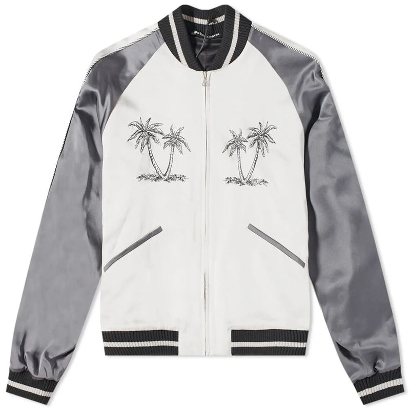 Palm Angels Embroidered White Bomber Jacket - Zipper Closure