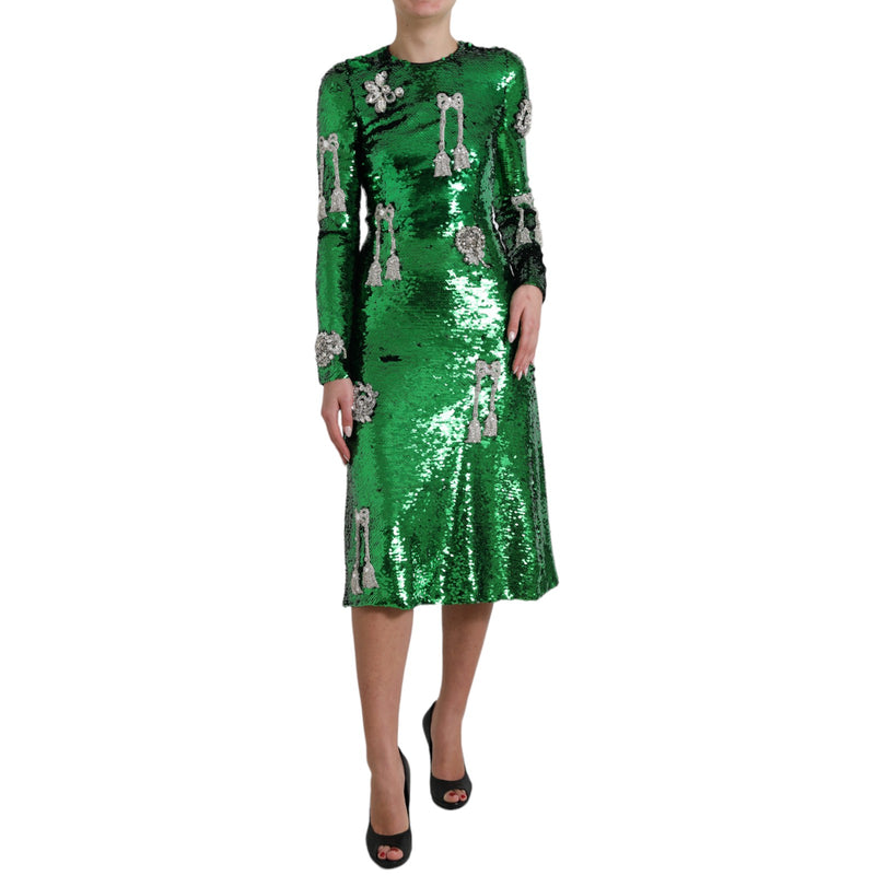 Dolce & Gabbana Elegant Below Knee Green Embroidered Dress