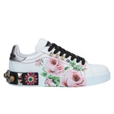 Dolce & Gabbana Chic White Calfskin Sneakers with Rose Detail