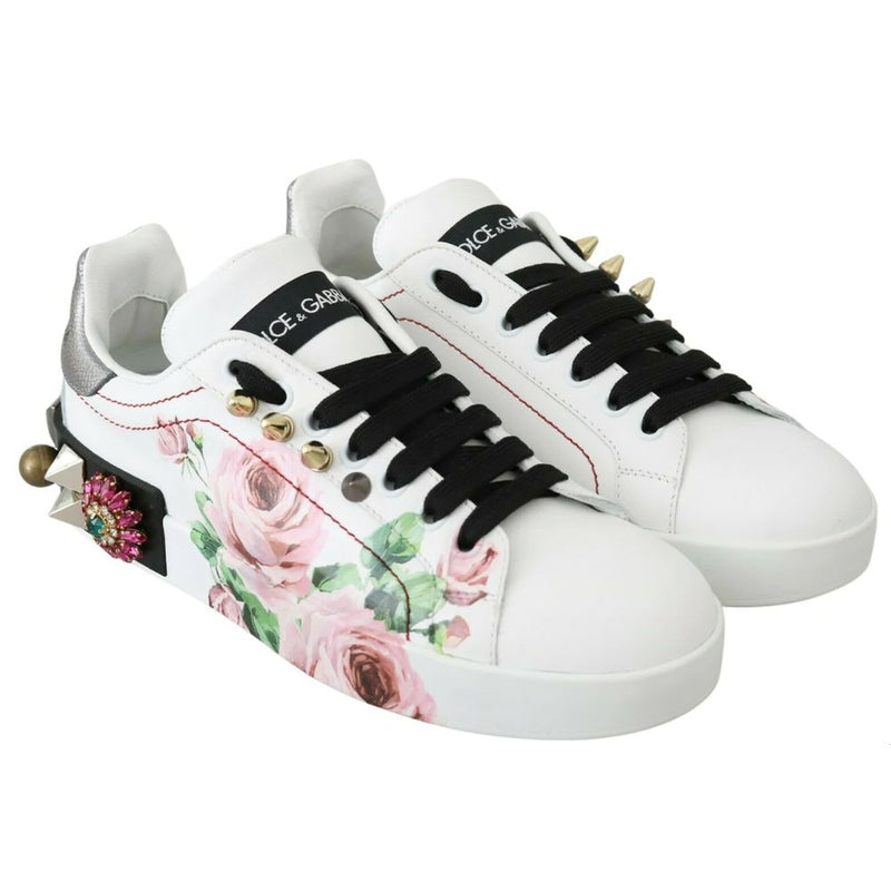 Dolce & Gabbana Chic White Calfskin Sneakers with Rose Detail