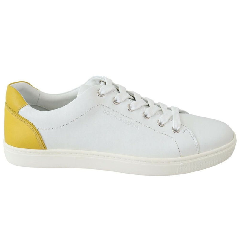 Dolce & Gabbana Elegant White Calfskin Sneakers with Yellow Accent