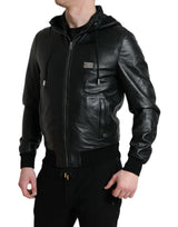 Dolce & Gabbana Elegant Black Leather Hooded Zip Jacket