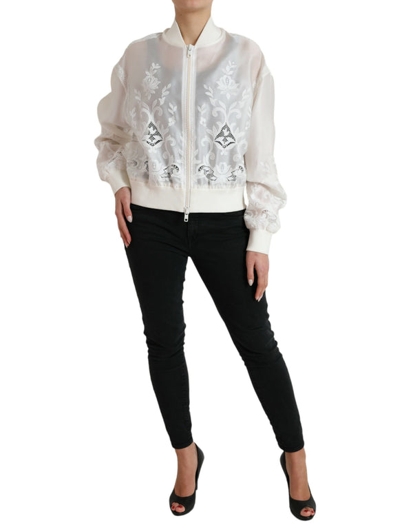 Dolce & Gabbana Elegant White Silk Bomber Jacket