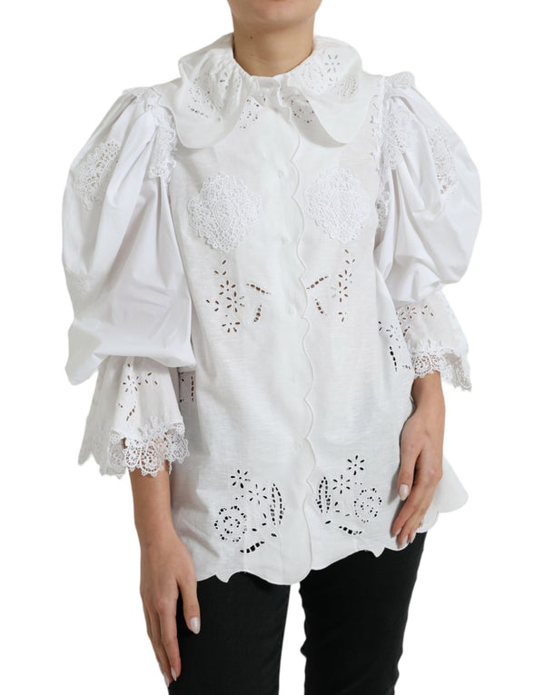 Dolce & Gabbana Elegant White Lace Trim Blouse Top