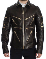 Dolce & Gabbana Elegant Brown Gold-Detailed Leather Jacket