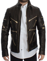 Dolce & Gabbana Elegant Brown Gold-Detailed Leather Jacket