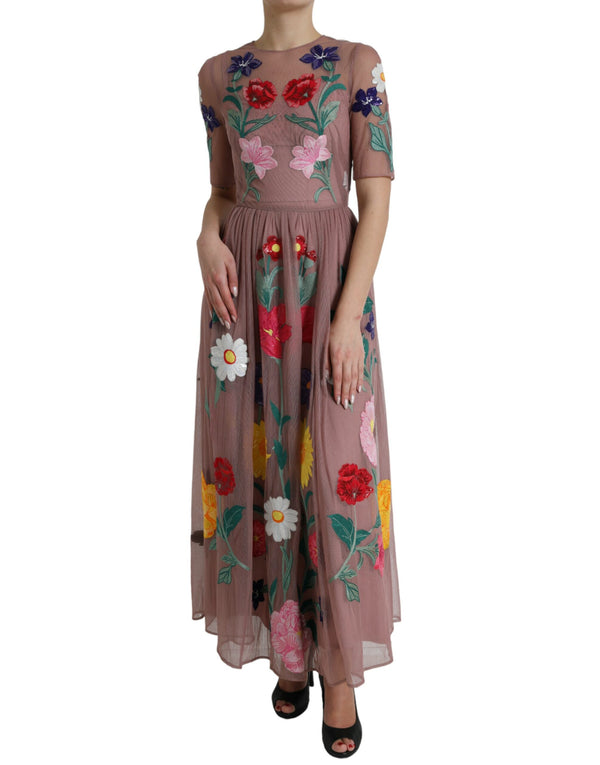 Dolce & Gabbana Elegant Rose Gold Maxi Dress with Floral Embroidery