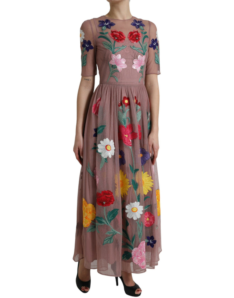 Dolce & Gabbana Elegant Rose Gold Maxi Dress with Floral Embroidery