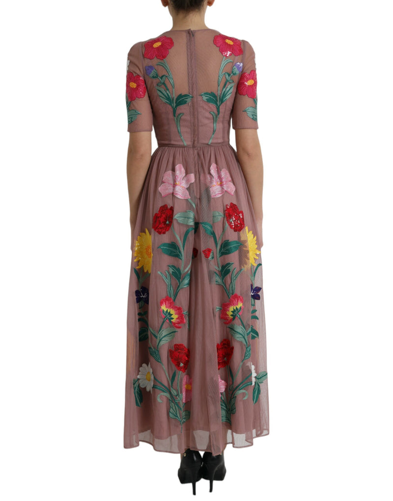 Dolce & Gabbana Elegant Rose Gold Maxi Dress with Floral Embroidery