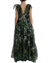 Dolce & Gabbana Elegant Green Silk Maxi Dress with Flocked Leaf Detail