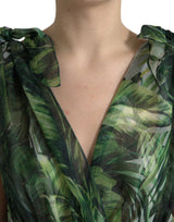 Dolce & Gabbana Elegant Green Silk Maxi Dress with Flocked Leaf Detail