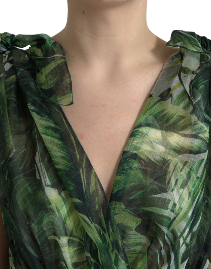 Dolce & Gabbana Elegant Green Silk Maxi Dress with Flocked Leaf Detail