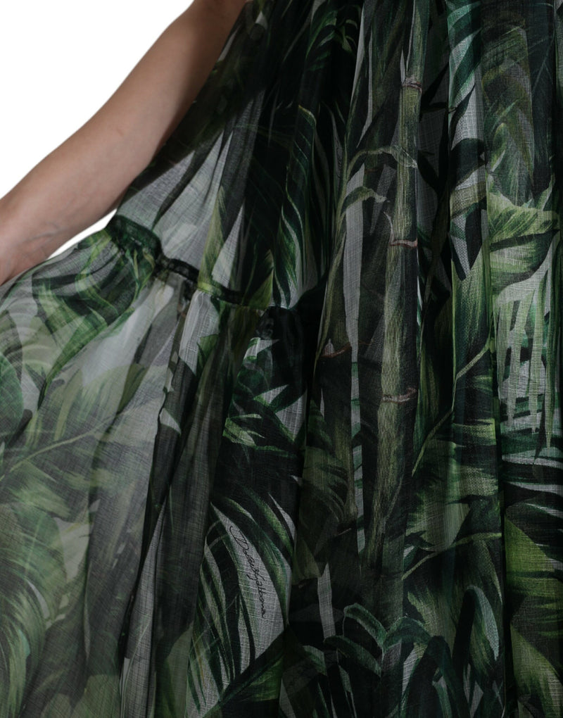 Dolce & Gabbana Elegant Green Silk Maxi Dress with Flocked Leaf Detail