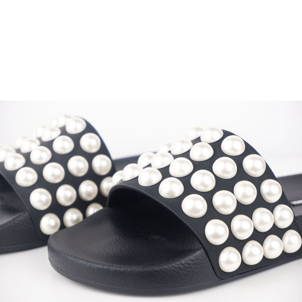 Dolce & Gabbana Chic Black Leather Slippers with Pearl Detail