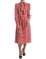 Dolce & Gabbana Elegant Striped Silk Maxi Dress with Ascot Collar