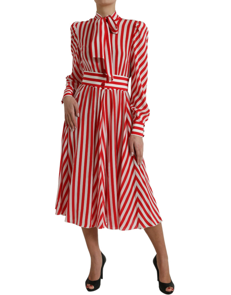 Dolce & Gabbana Elegant Striped Silk Maxi Dress with Ascot Collar