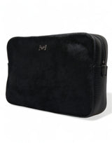 Dolce & Gabbana Elegant Black Leather Clutch with Bee Adornments