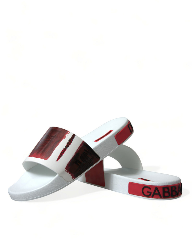 Dolce & Gabbana Chic White & Red Leather Mens Slides Sandals