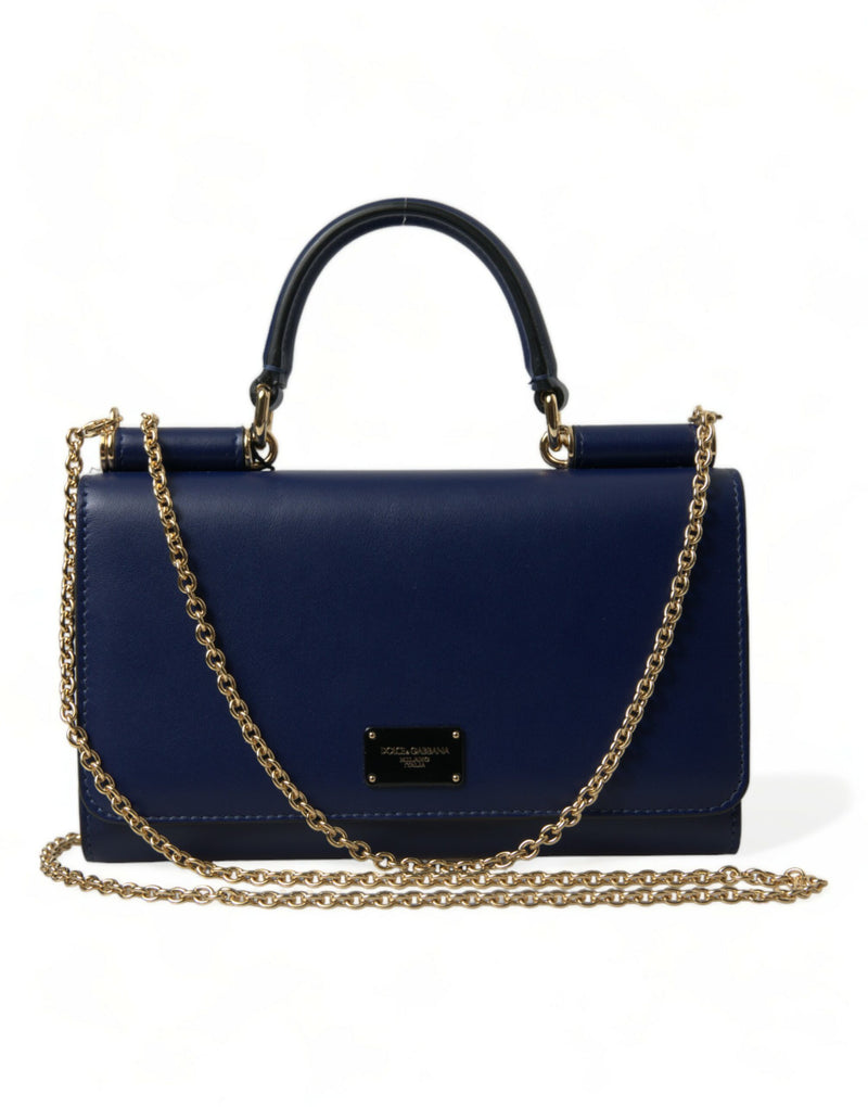 Dolce & Gabbana Elegant Blue Leather Phone Bag with Gold Accents