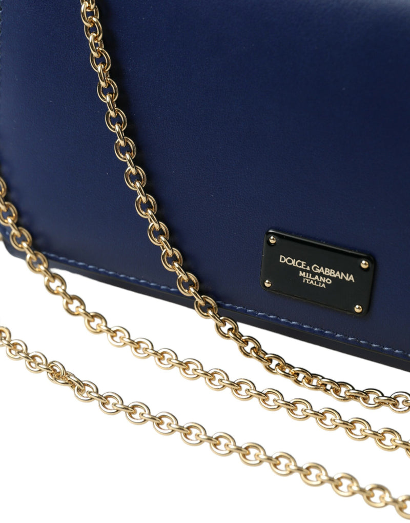 Dolce & Gabbana Elegant Blue Leather Phone Bag with Gold Accents