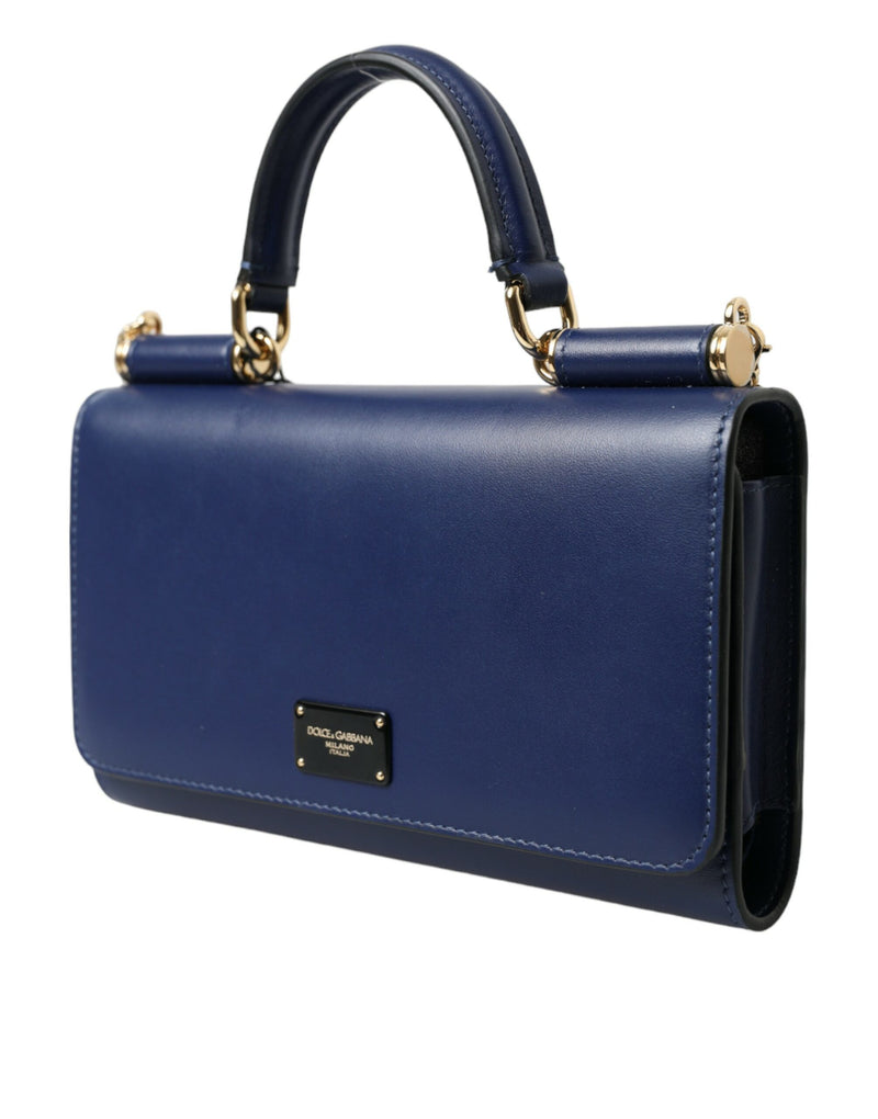 Dolce & Gabbana Elegant Blue Leather Phone Bag with Gold Accents