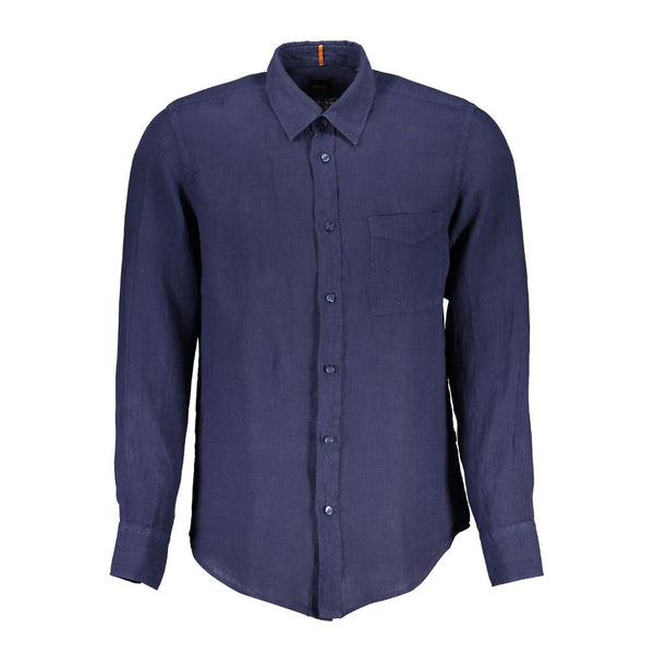 Hugo Boss Blue Linen Men Shirt