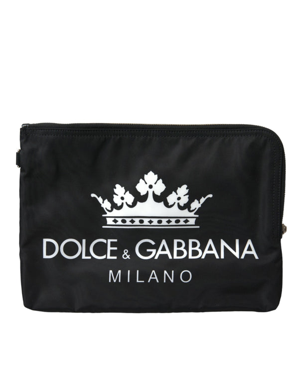 Dolce & Gabbana Elegant Black Nylon Clutch with Crown Print