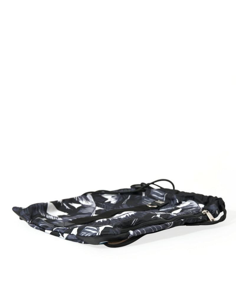 Dolce & Gabbana Elegant Black Leaf Print Nap Sack Bag