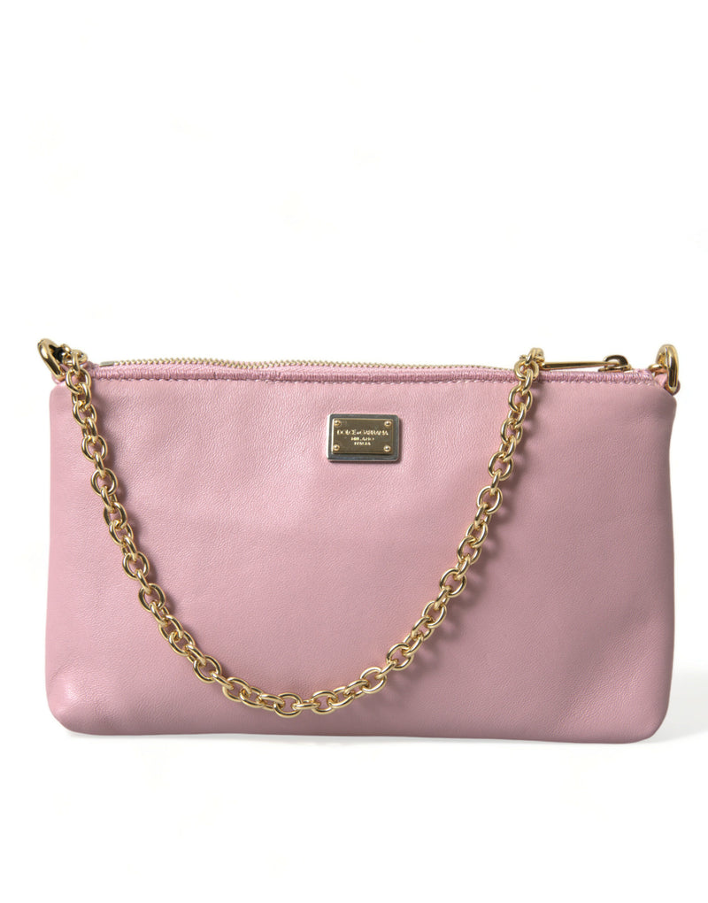 Dolce & Gabbana Elegant Pink Leather Pouch Clutch with Floral Embroidery