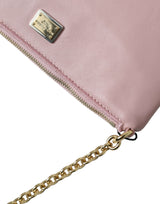 Dolce & Gabbana Elegant Pink Leather Pouch Clutch with Floral Embroidery