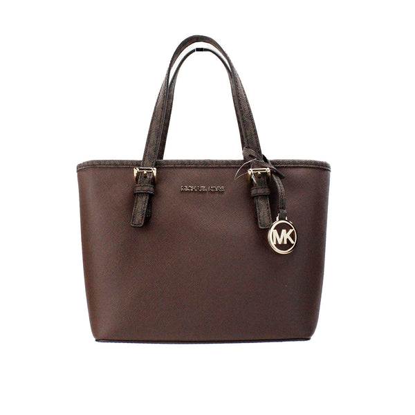 Michael Kors Jet Set Mocha Leather XS Carryall Top Zip Tote Bag Purse