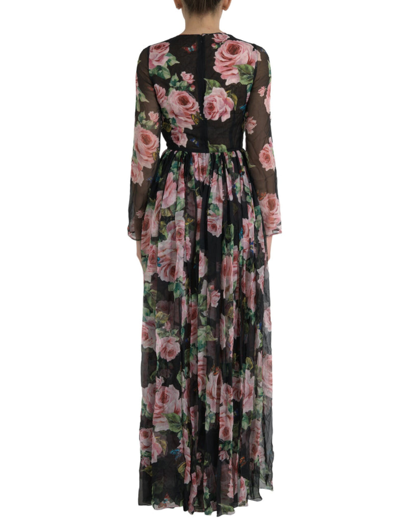 Dolce & Gabbana Elegant Black Silk Maxi Dress with Rose Print