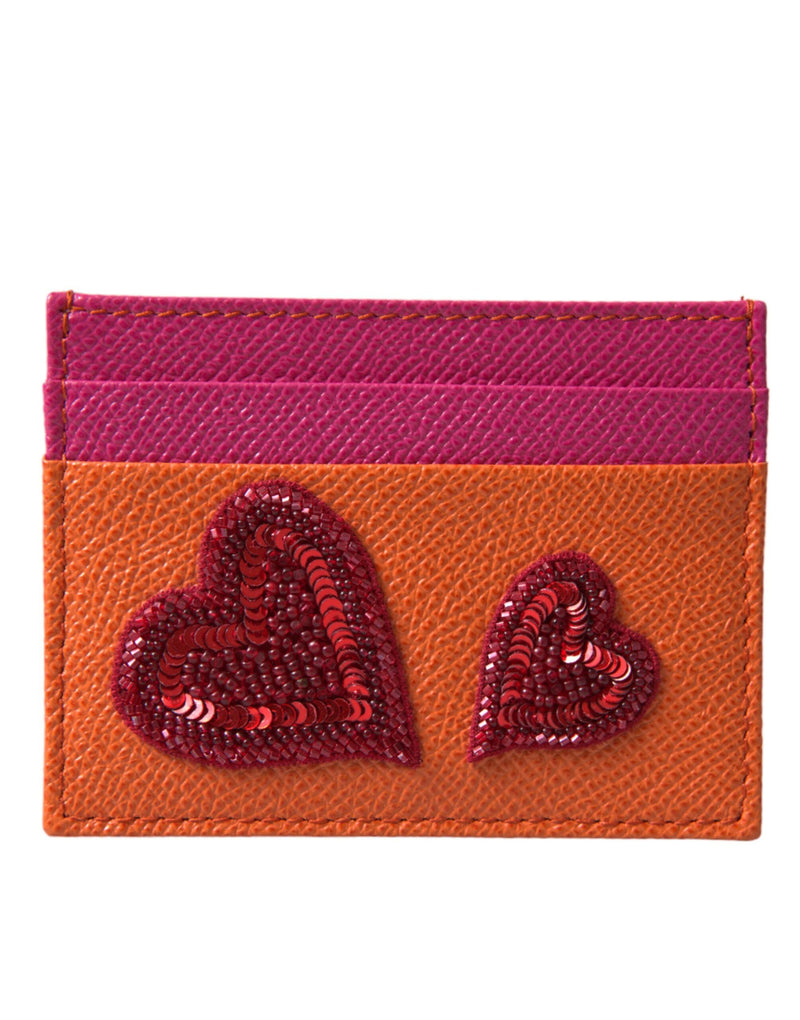 Dolce & Gabbana Pink Orange Heart Sequin Leather Logo Card Holder Wallet