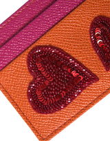 Dolce & Gabbana Pink Orange Heart Sequin Leather Logo Card Holder Wallet