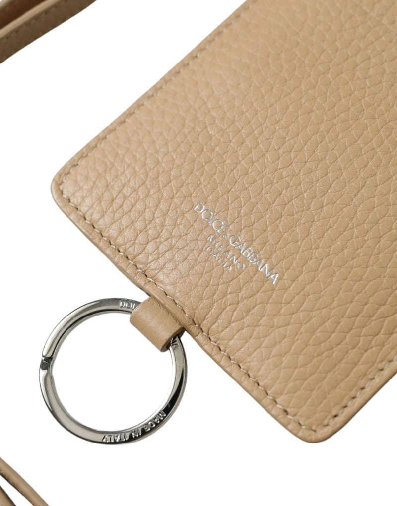 Dolce & Gabbana Beige Calf Leather Lanyard Logo Card Holder Wallet