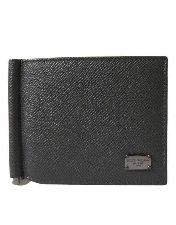 Dolce & Gabbana Gray Calf Leather Bifold Logo Plaque Card Holder Wallet