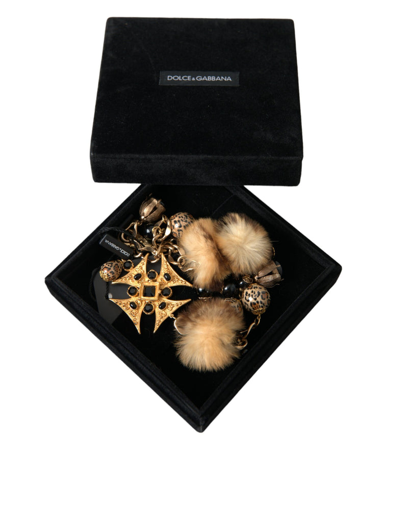 Dolce & Gabbana Gold Black Crystals Lapin Fur Filigree Chocker Necklace