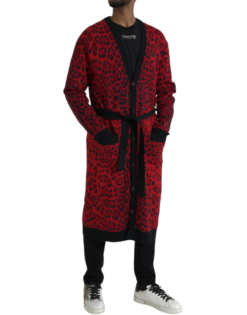 Dolce & Gabbana Red Leopard Wool Robe Belted Cardigan Sweater