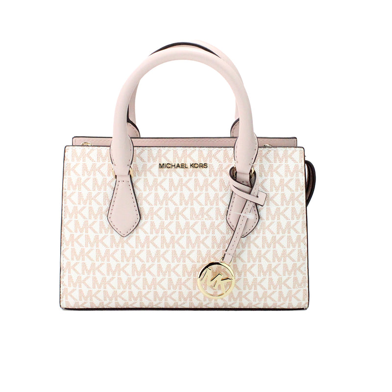 Michael Kors Sheila Small White Rose Gold PVC Center Zip Satchel Purse Bag