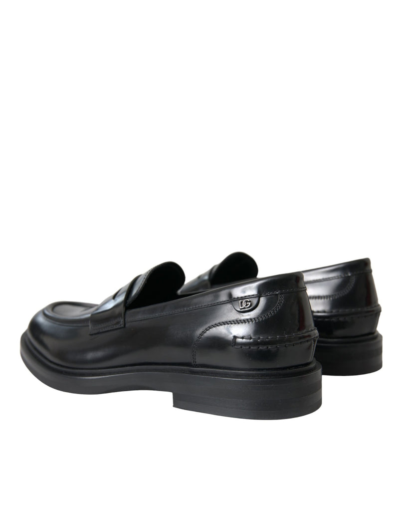 Dolce & Gabbana Black Leather Flat Slip On Loafers Shoes