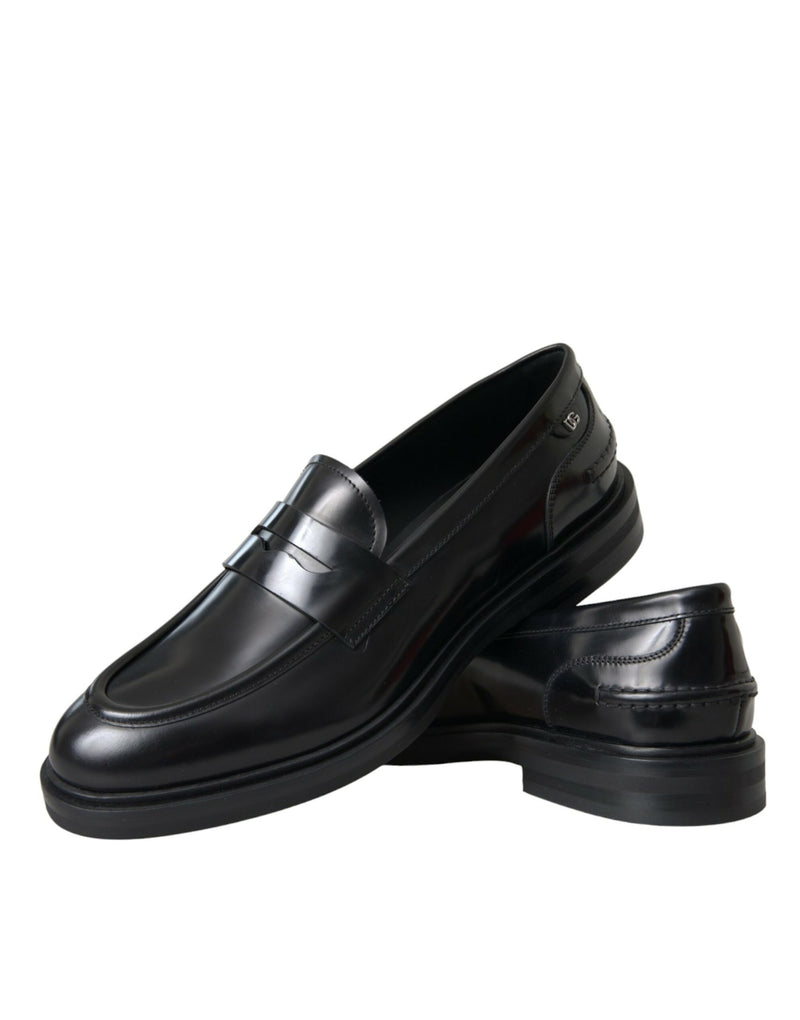 Dolce & Gabbana Black Leather Flat Slip On Loafers Shoes