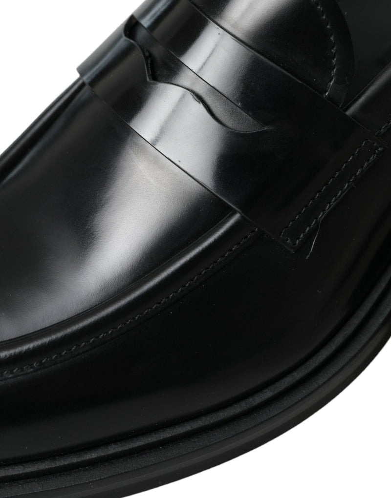 Dolce & Gabbana Black Leather Flat Slip On Loafers Shoes